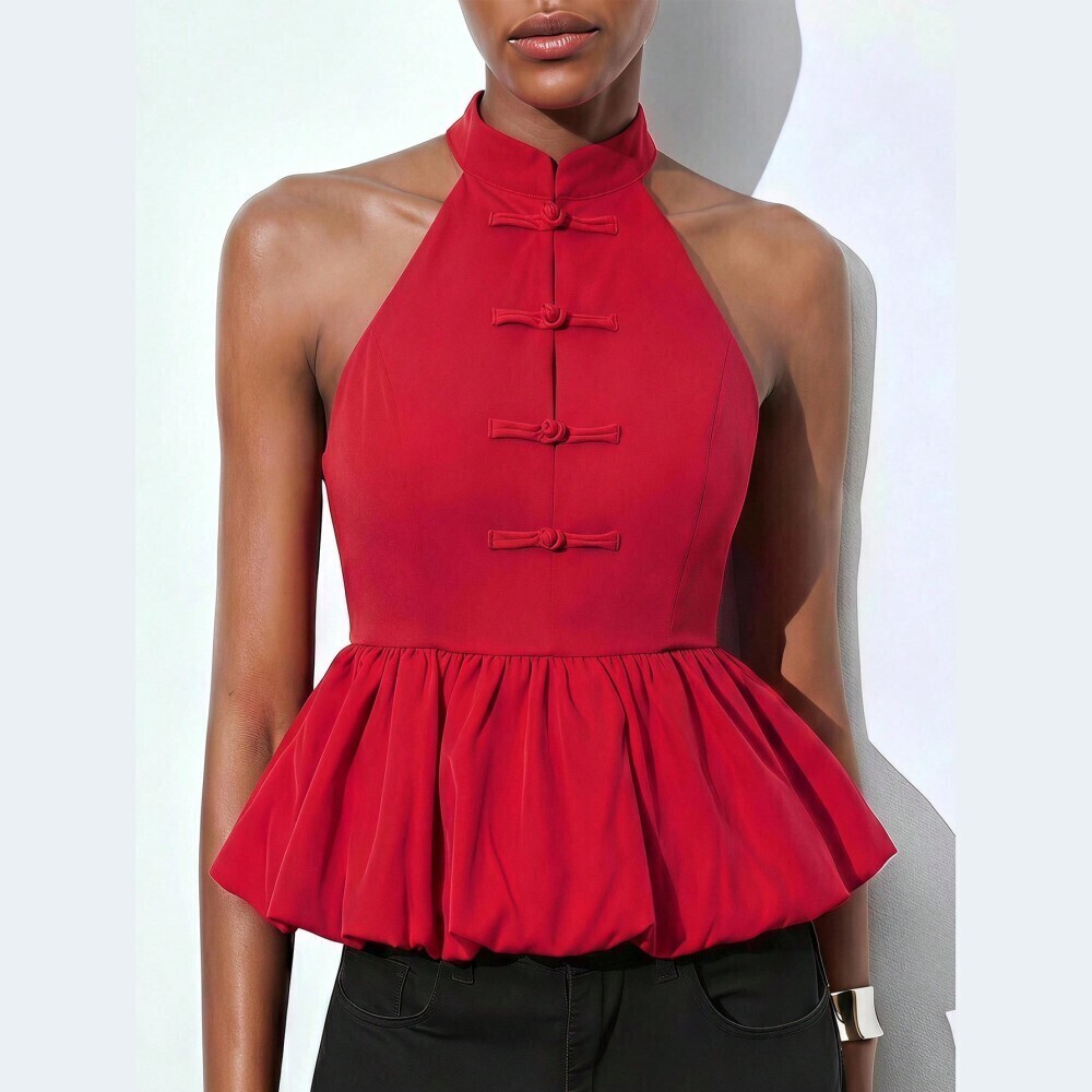 Red Halter Peplum Top with Frog Button Mandarin Collar